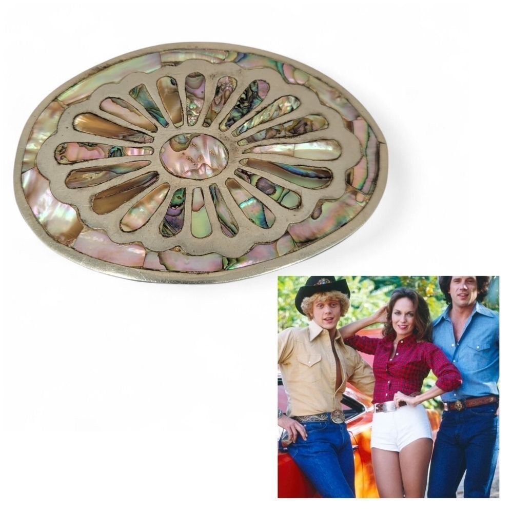 Vintage Belt Buckle Mexico Iridescent Abalone Shell Accent Silver Toned